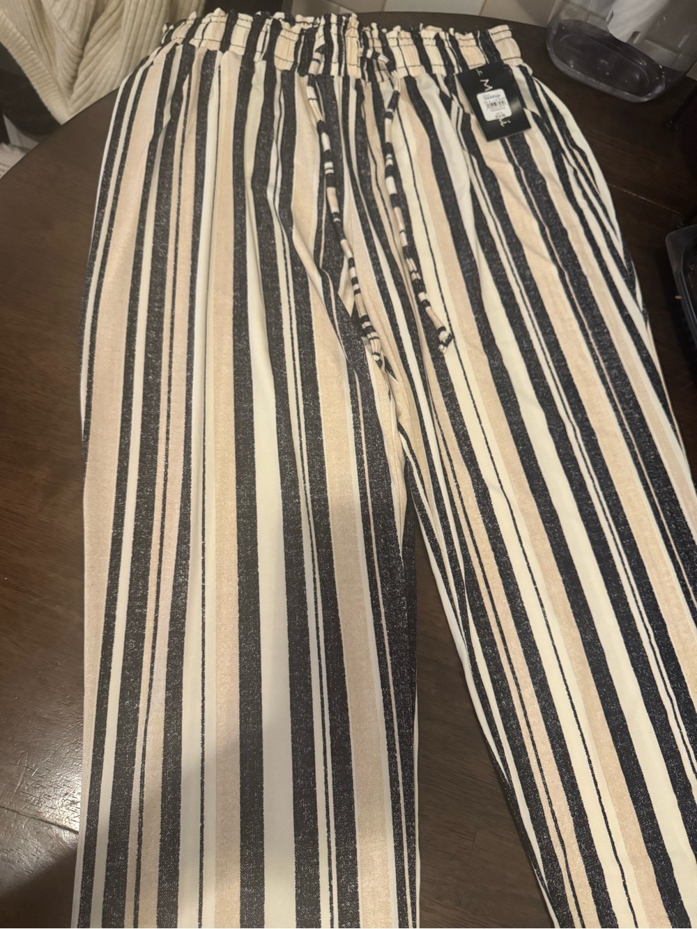 Wide-Leg Striped Pull-On Pants — Beige & Black